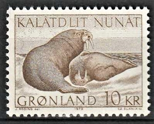 FRIMÆRKER GRØNLAND | 1973 - AFA 83 - Hvalrosser - 10 kr. brun - Postfrisk